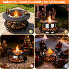 40 Inch Compact Fire Pit Surround Tabletop for Solo Stove Ranger & Tiki 20, Outdoor Patio Stand with Firewood Storage Shelf, Heavy Duty Steel, 200LB Capacity