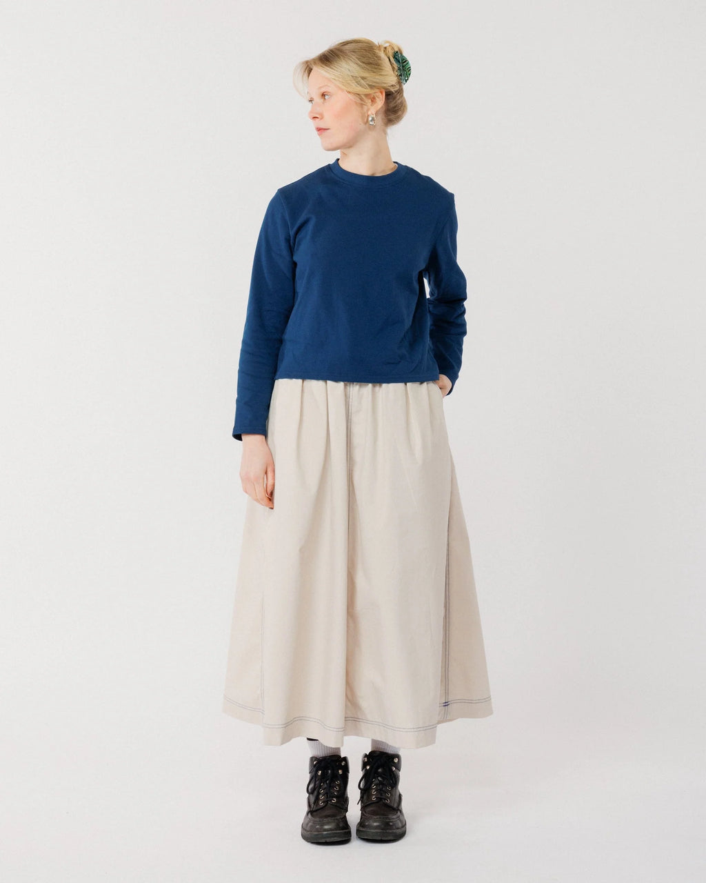 Poplin casual long dress navy/beige