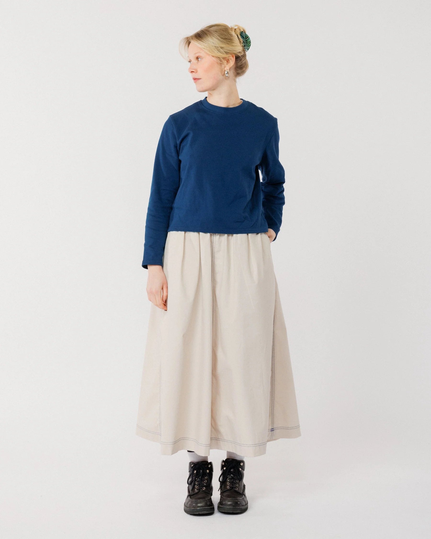 Poplin casual long dress navy/beige