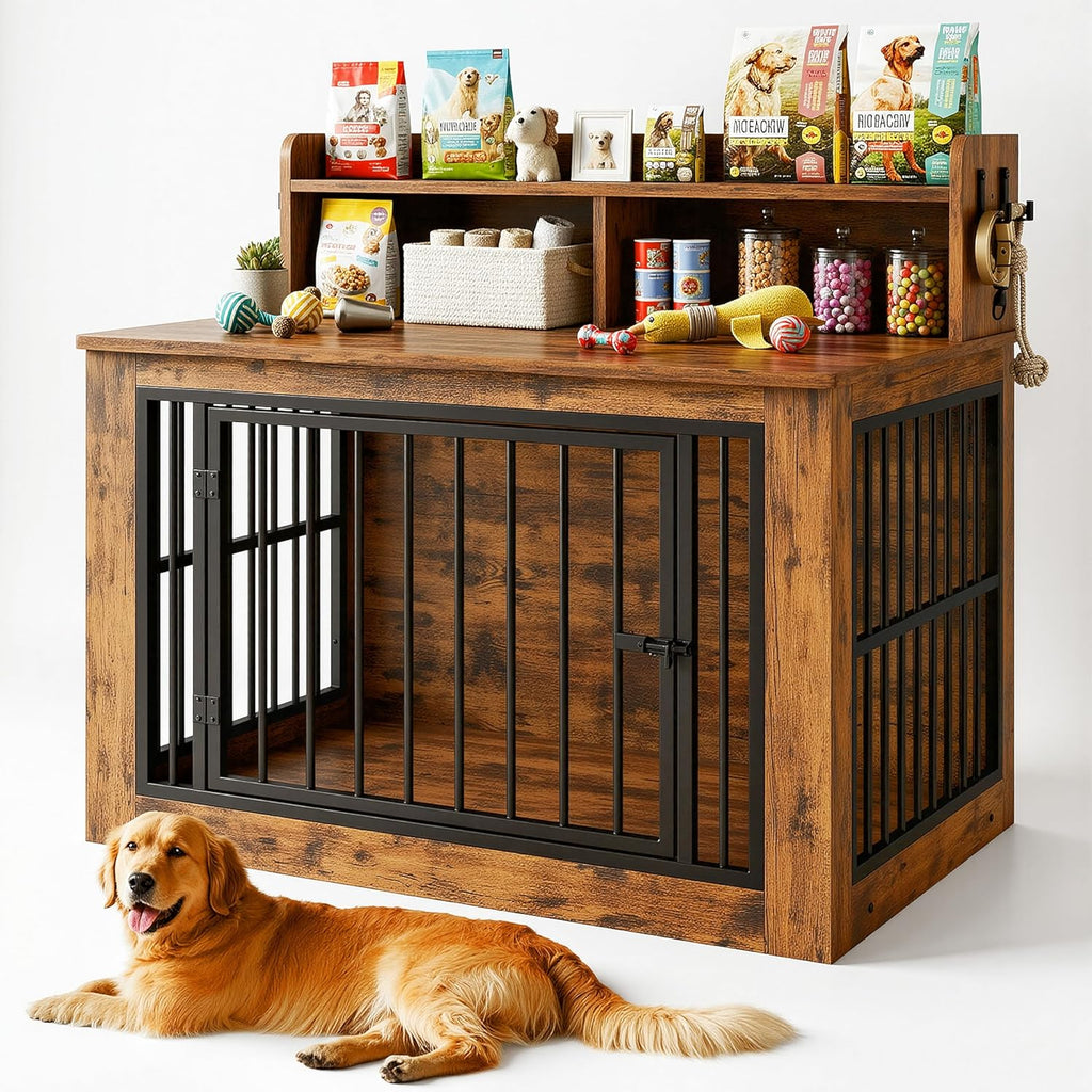 IRONCK Extra Large Dog Crate Furniture, 43.3 inches Wooden Dog Crate with Storage and 4 Hooks, Heavy Duty Pet Crate for Large Dog, Decorative Pet Cage for Indoor (30" L x 43.3" W x 41.1" H)